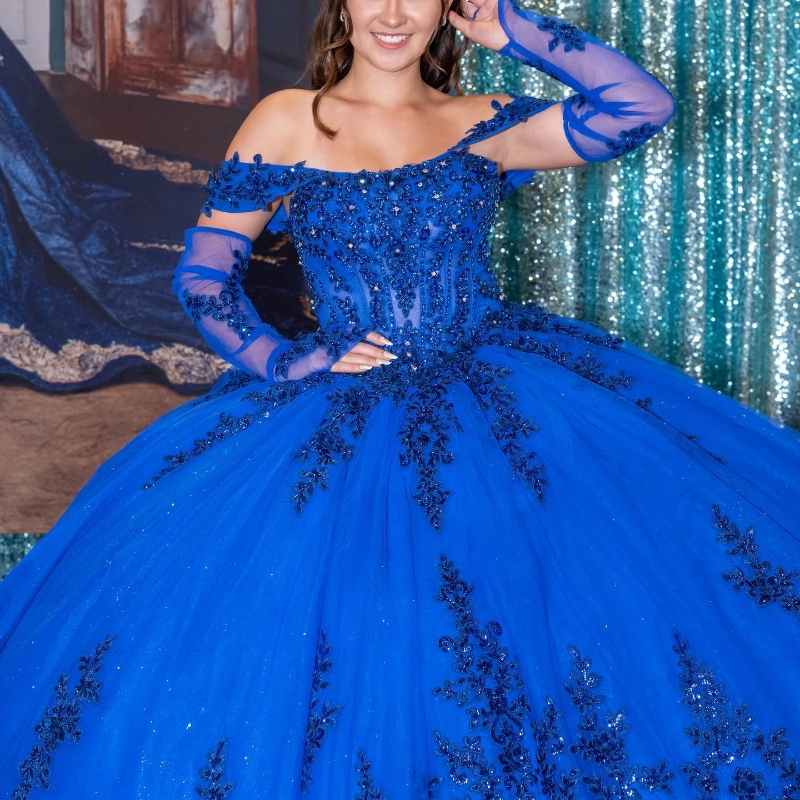Royal Blue Shiny Quinceanera Dress Ball Gown Off The Shoulder Lace Applique Beaded Tull Corset Sweet 16 Dress Vestido De 15 Anos