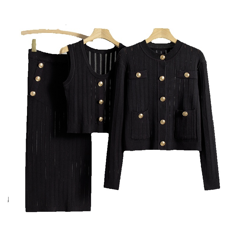 Korea Fashion Spring And Autumn Season Women's New Age Reducing Temperament Knitted Cardigan Midi Skirt 3 Piece Set