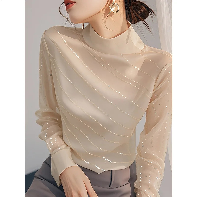 Autumn steel belt half high neck long sleeved Tshirt for women fashionable printed floral at the bottom 240913