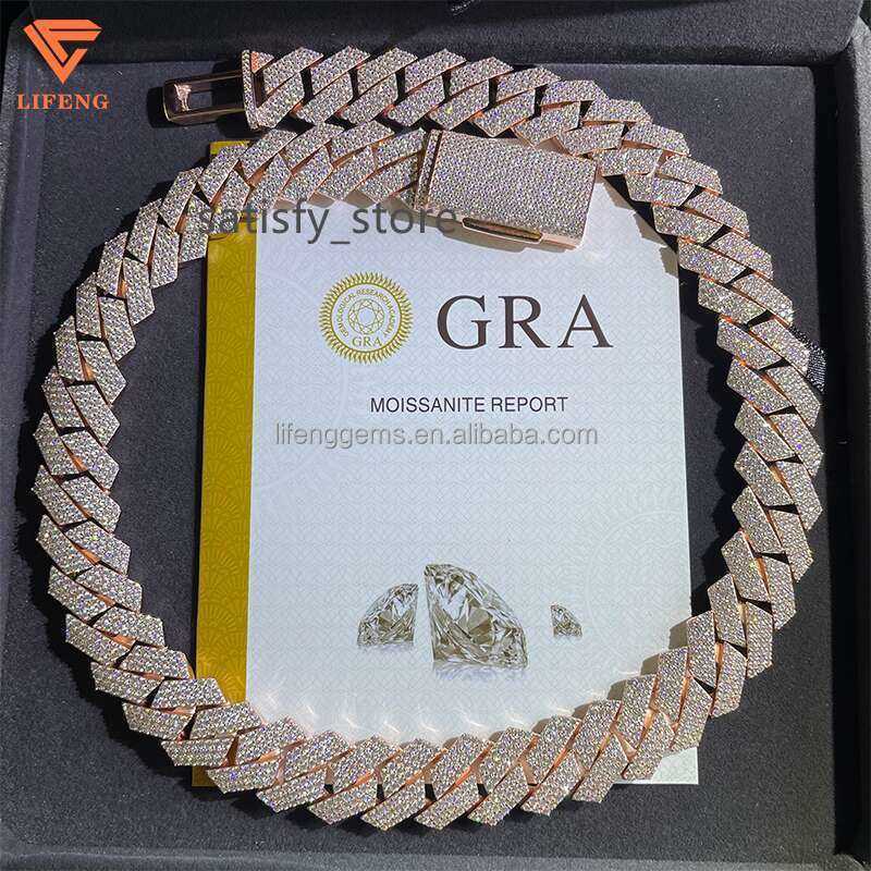 18Mm 3 Rows Sliver Vvs Moissanite Iced Out Hip Hop Jewelry Mossanite Rose Gold Cuban Link Chain