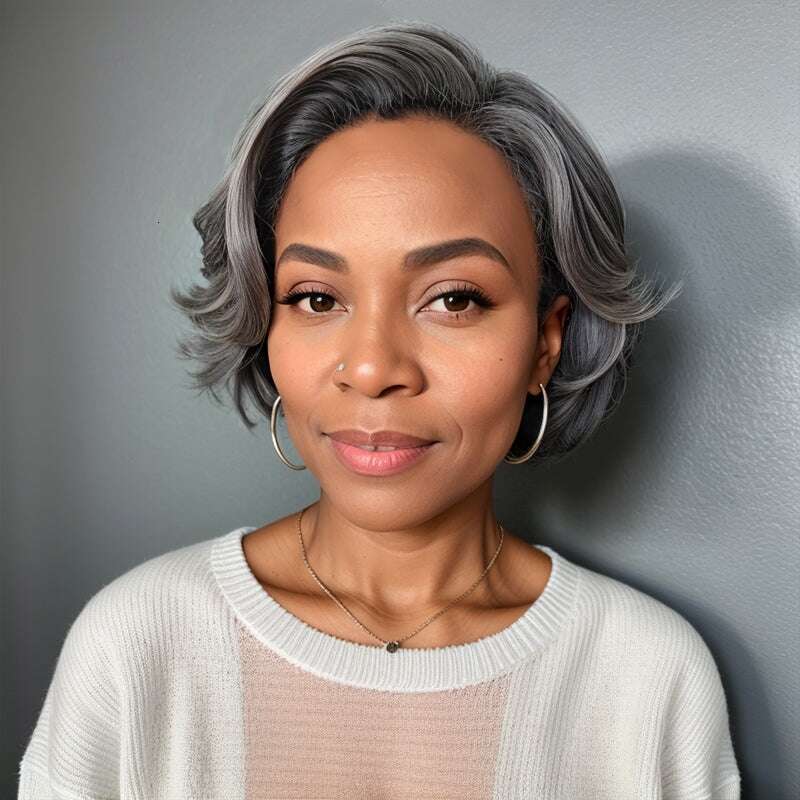 Salt And Peppe Short Bob 5X5 Closure Natural Wave Gray Brazilian Human Hair Lace Front Wig For Black Women
