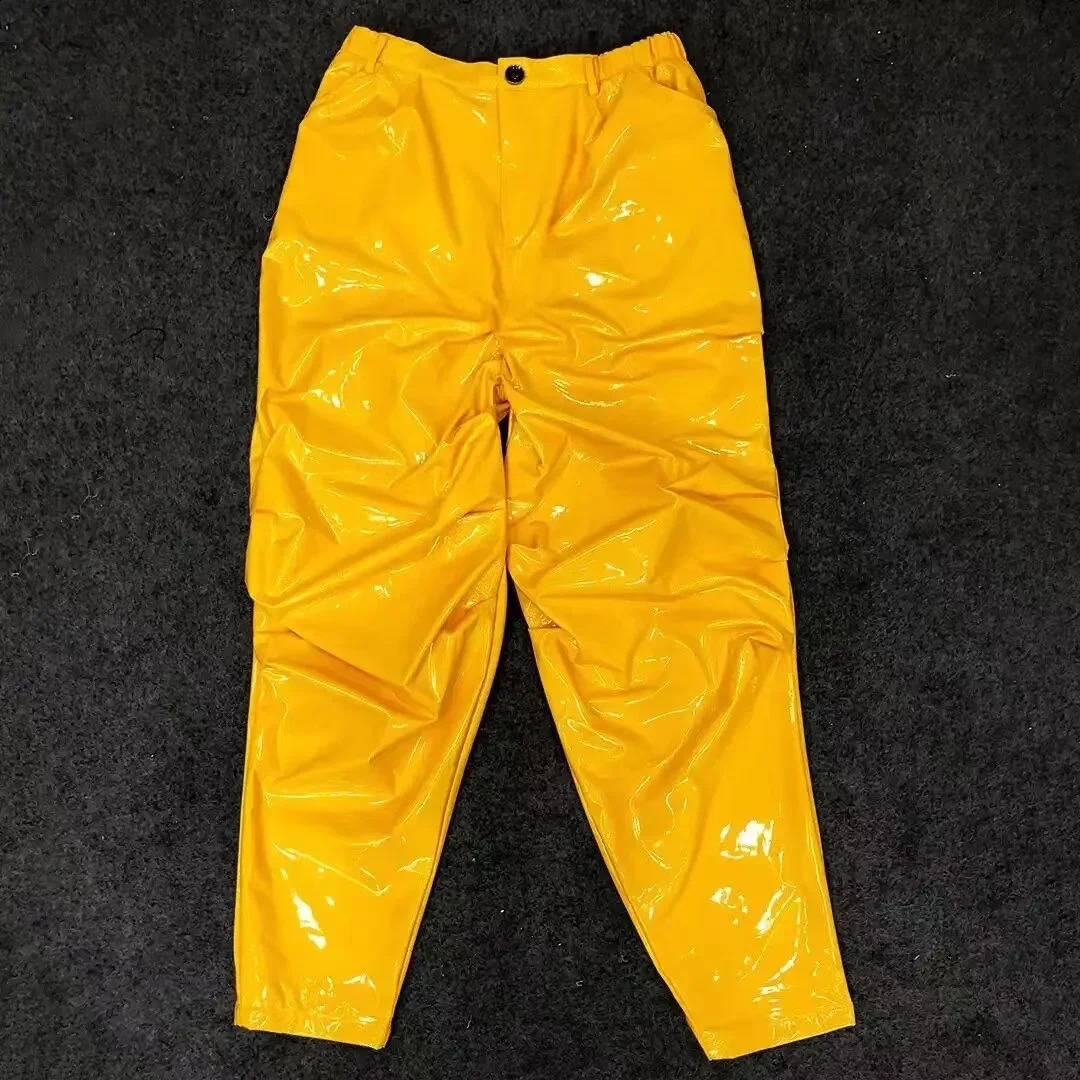 Mens mid waist shiny synthetic latex leather loose hip-hop pants with pockets mens solid color elastic PVC Trouser club uniform ly customized 240913
