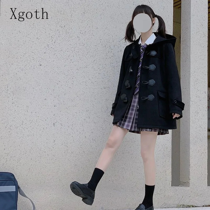 Ladies Coats Autumn/Winter Thickened Warm Solid Hooded Single Row Cow Horn Button Academy Style Woolen Coat Womens Clothing 240909