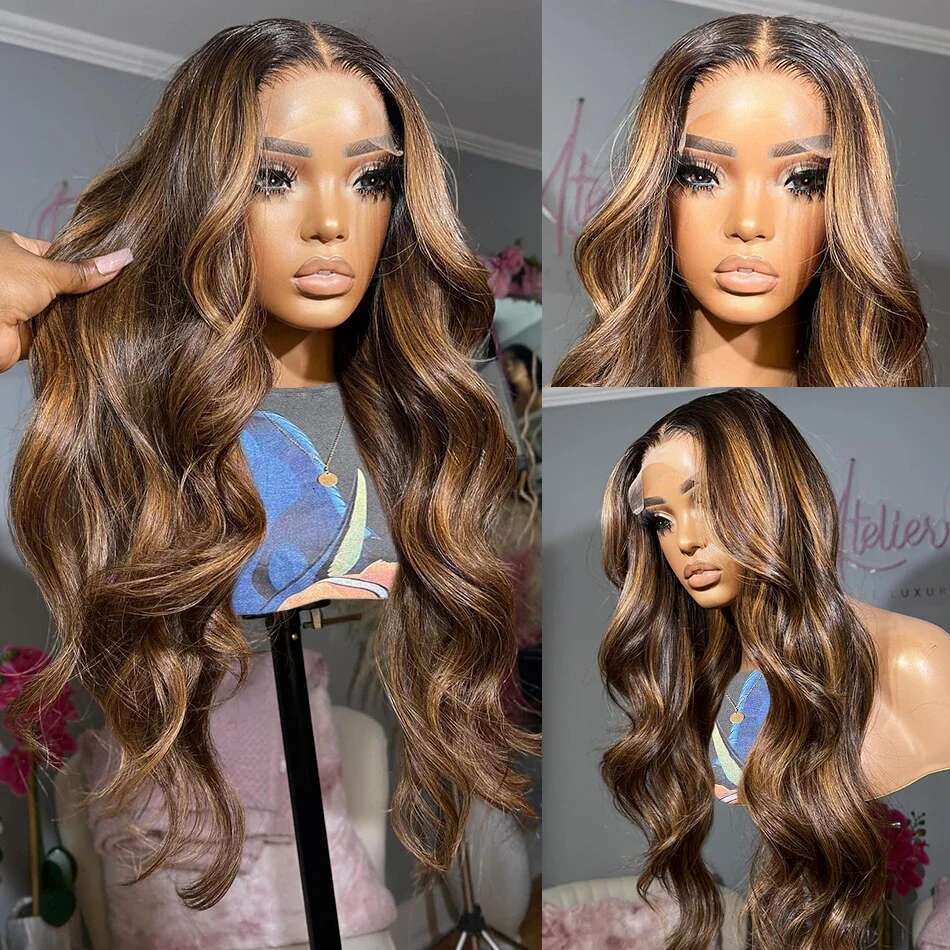 36 Inch 4/27 Highlight Body Wave Human Hair Brazilian Colored Ombre Blonde 13X4 Transparent Lace Frontal Wig For Women