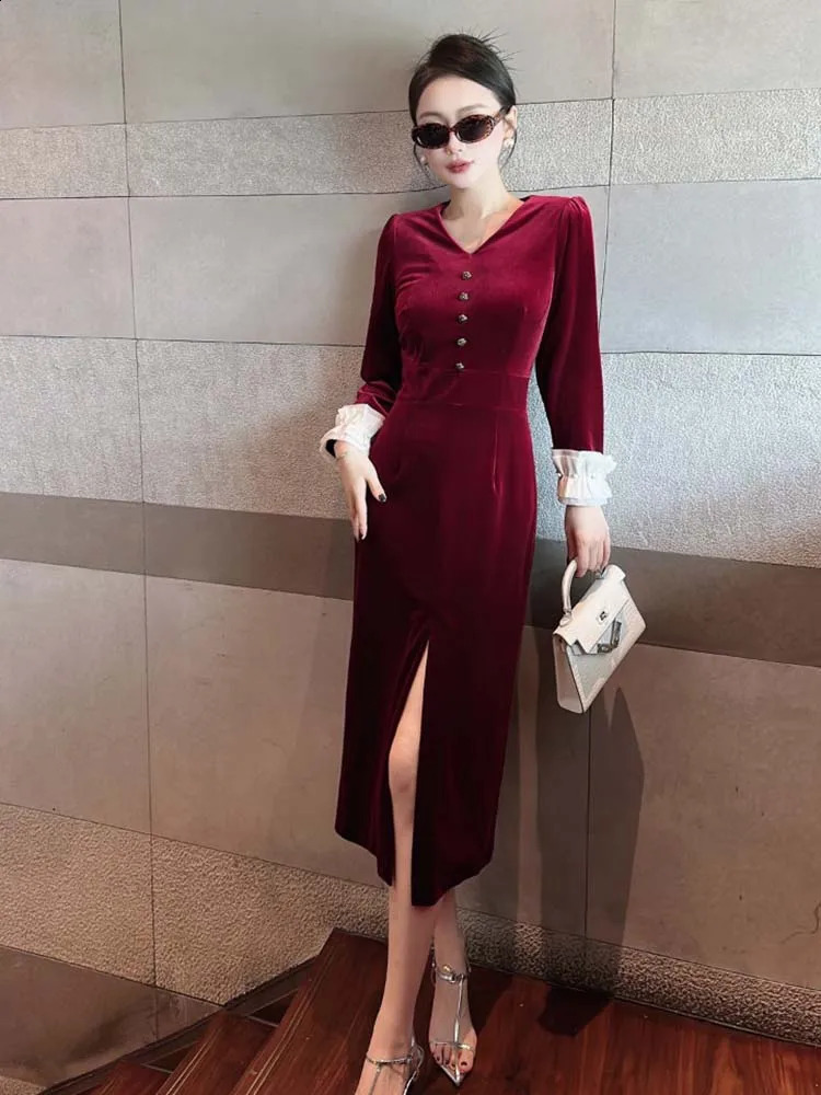 ZJYT Autumn Fashion Retro Midi Velvet Womens Wear ner Long Sleeve Vneck Party Formal Occasion Dress Vestidos 240913