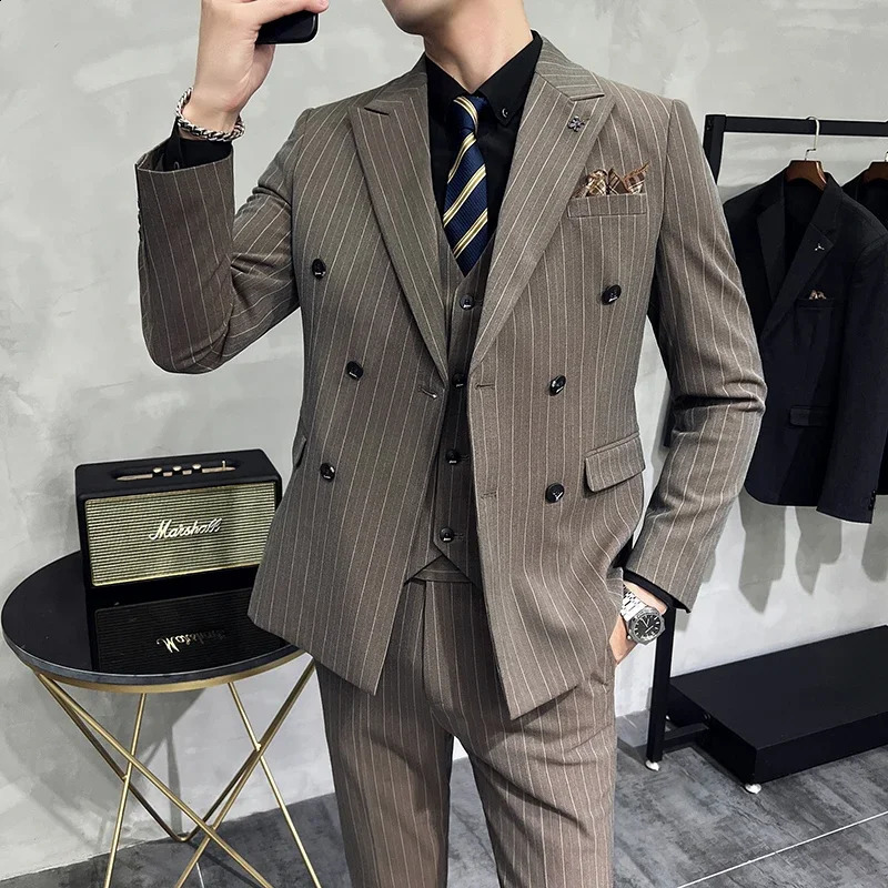 2024 Fashion Mens Boutique Business Slim Wedding Striped Double Breasted Suit Blazers Jacket Pants Trousers Vest 3 Pcs Set 240914