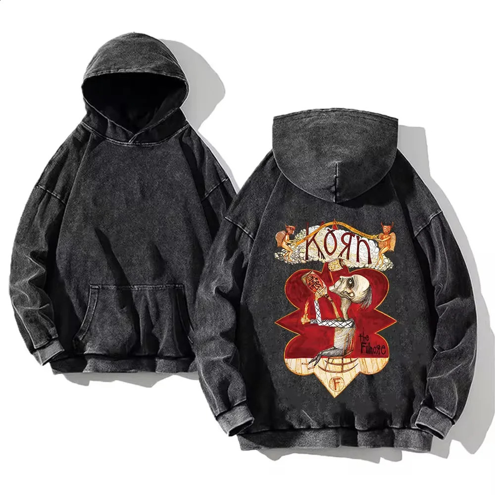 Korn Rock Band World Tour Hoodies Vintage Washed Mens Sweatshirts Cotton Hip Hop Streetwear Hooded Pullover Loose Y2K Tops 240910