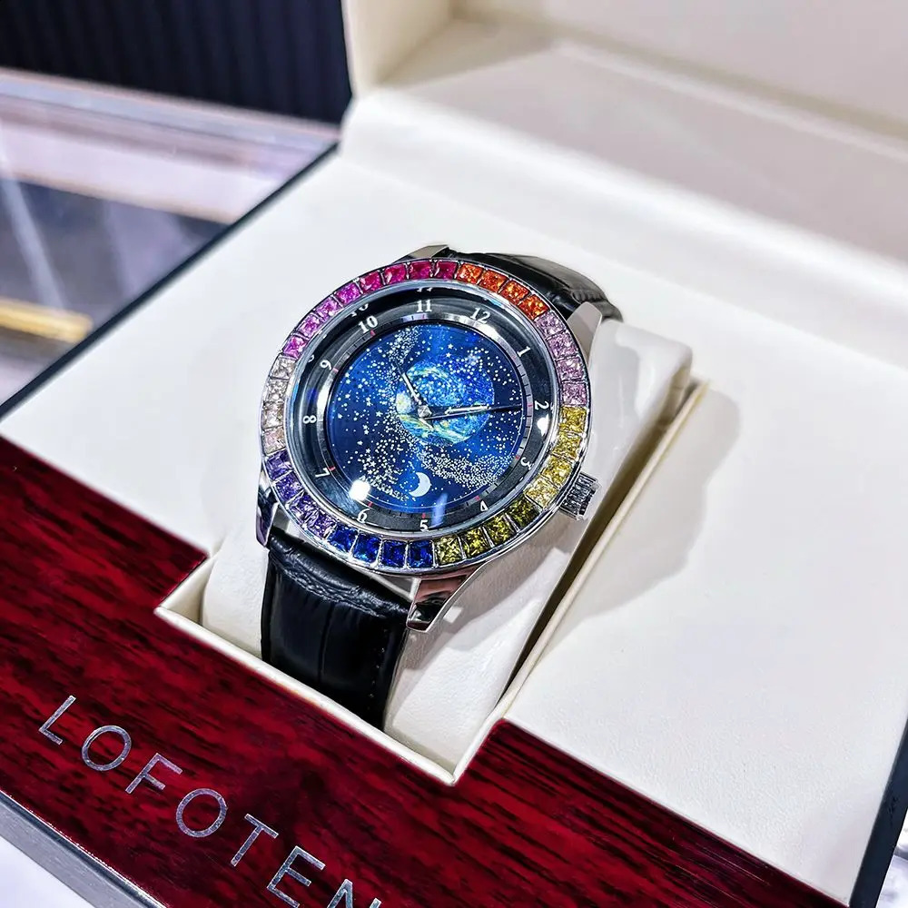 Mechanical Watch for Men Rotating Star Dial Fashion Rainbow Case Automatic Watches Genuine Leather Strap Wristwatch 240906