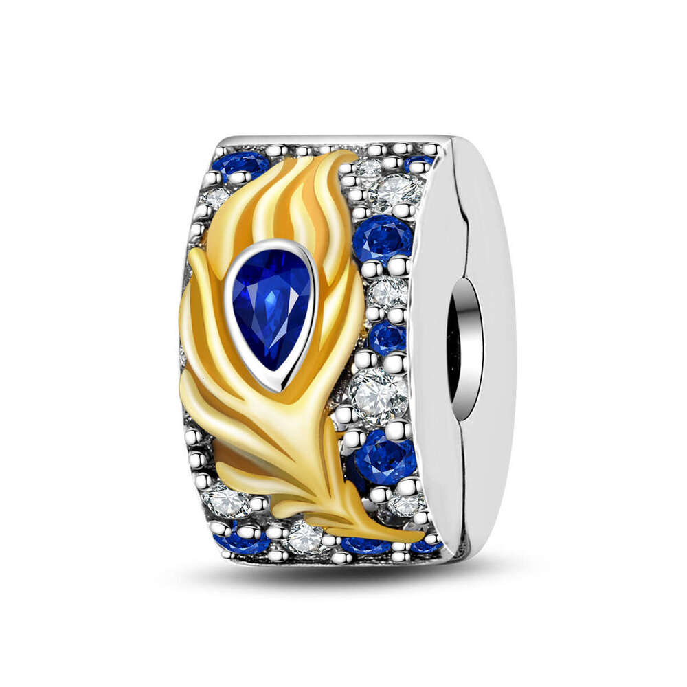 New 925 Sterling Silver Charm Colorful Stone Leaf Buckle Feather Pendant with blue enamel beads Fit Charms Silver 925 Original Bracelet DIY Jewelry Ma