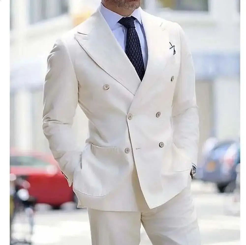 Chic White Linen Suits for Men Fashion Lapel Double Breasted Male Set Smart Casual Wedding 2 Pieces Costume Homme 240914