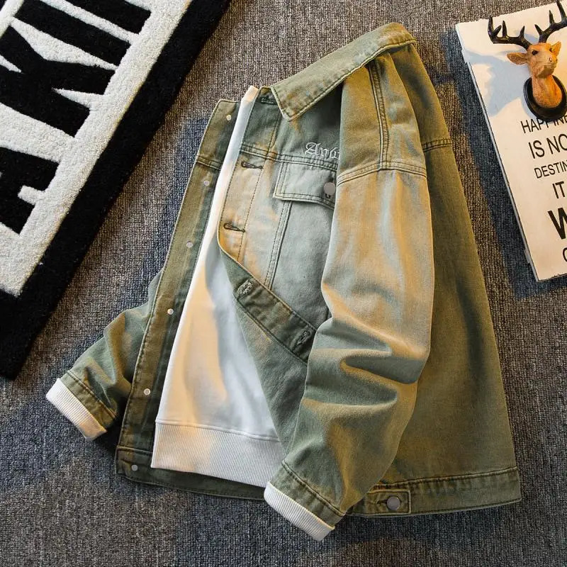 Mens American high street gradient denim jacket mens spring and autumn cool style handsome and casual jacket korean fashion 240911