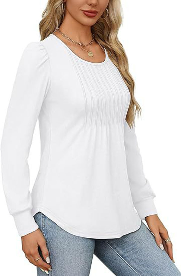 2024 Autumn New Women's Long Sleeve Top Shirt Fashion Casual Wrinkle Low Round Neck T-shirt