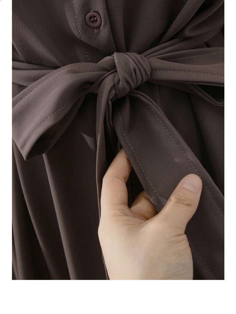 Autumn brown shirt dress elegant womens workwear long sleeved retro patch cute Harajuku 240913