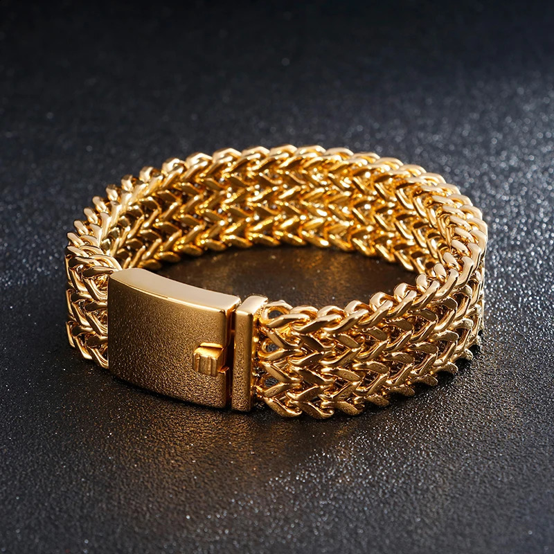 Fongten 30mm mesh chain bracelet mens stainless steel wristband charm gold silver jewelry 240912