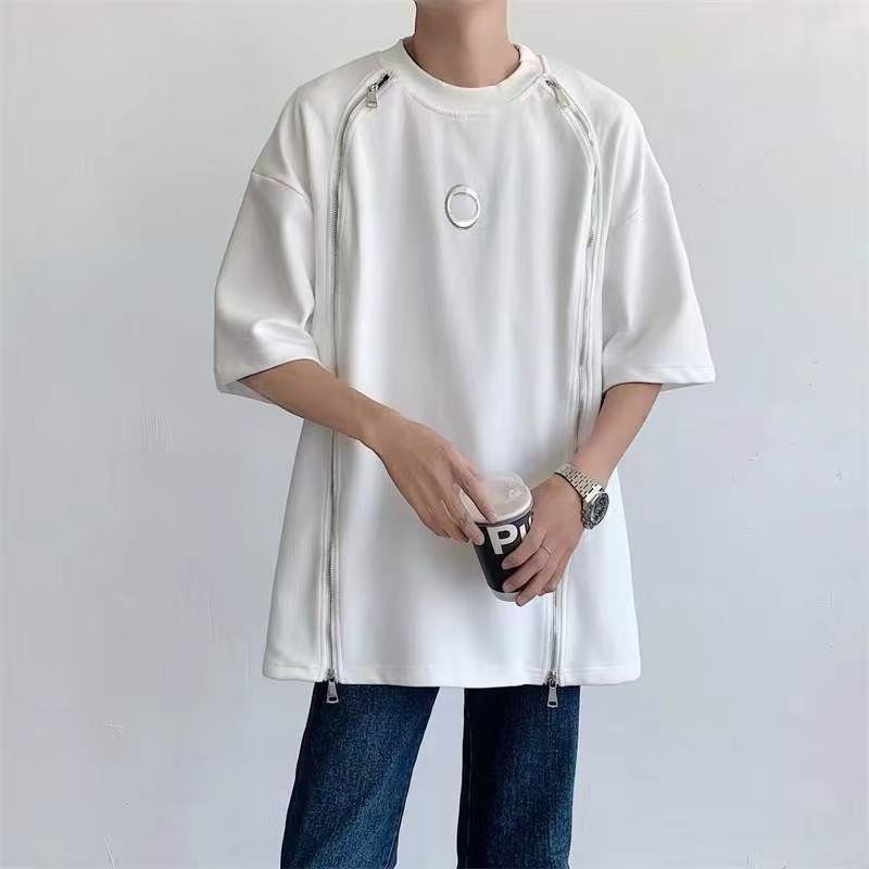 American retro heavy designer T-shirt men's summer niche design sense double zipper shoulder pad T-shirt with five sleeves