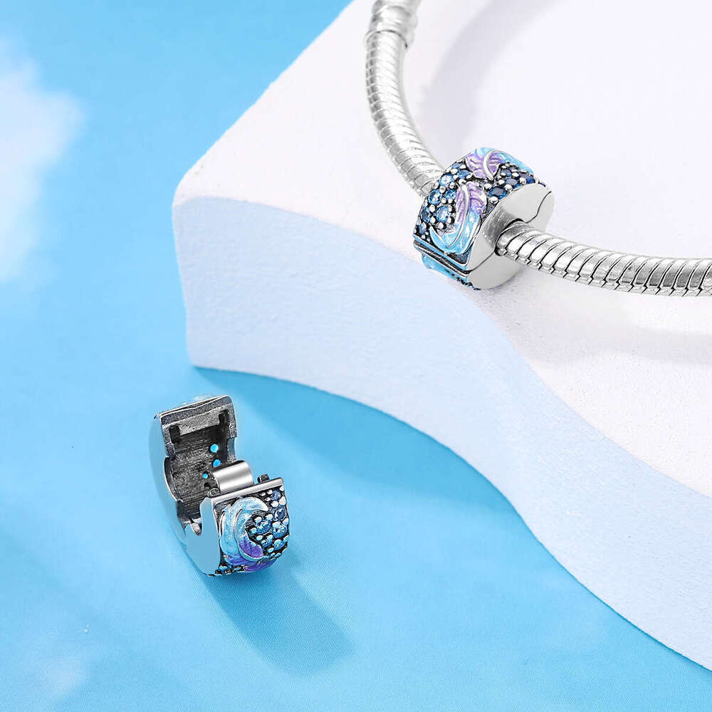 New 925 Sterling Silver Charm Colorful Stone Leaf Buckle Feather Pendant with blue enamel beads Fit Charms Silver 925 Original Bracelet DIY Jewelry Ma