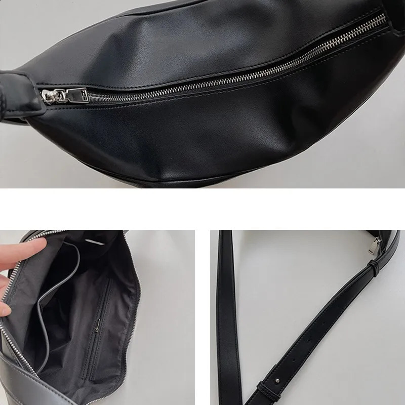 Zipper Womens Casual Shoulder Bag Soft Leather Half-moon Crossbody Bags Fashion Shopper Simple Solid Handbags For Women Black 240913