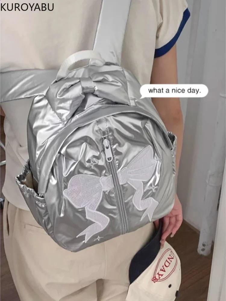 Fashion Korean style bow backpack womens casual Y2k school bag silver shoulder bag canvas shoulder bag Mochilas Mujer 240912