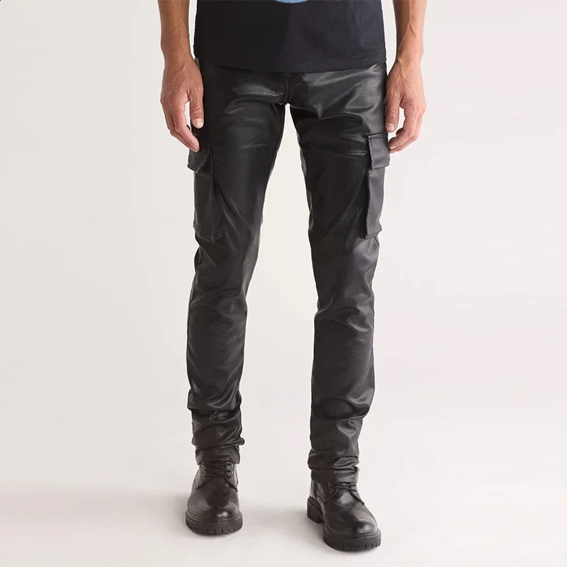 Mens black matte synthetic leather pants casual multi pocket cargo pants fashionable Y2K pants mens elastic Pu Trouser club uniform customized 240913