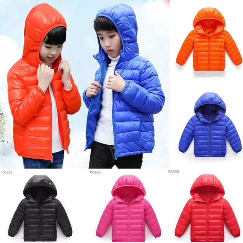 Autumn and winter childrens down jackets thin warm jackets for boys and girls childrens clothing with hooded zippered jackets for ages 4-12 240903