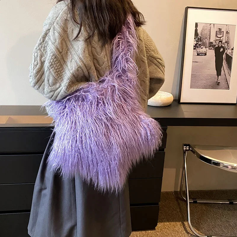 Vintage Plush Y2k Stars Ladies Shoulder Bags Fashion Fur Womens Messenger Bag Sweet Cool Solid Color Female Handbag 240909