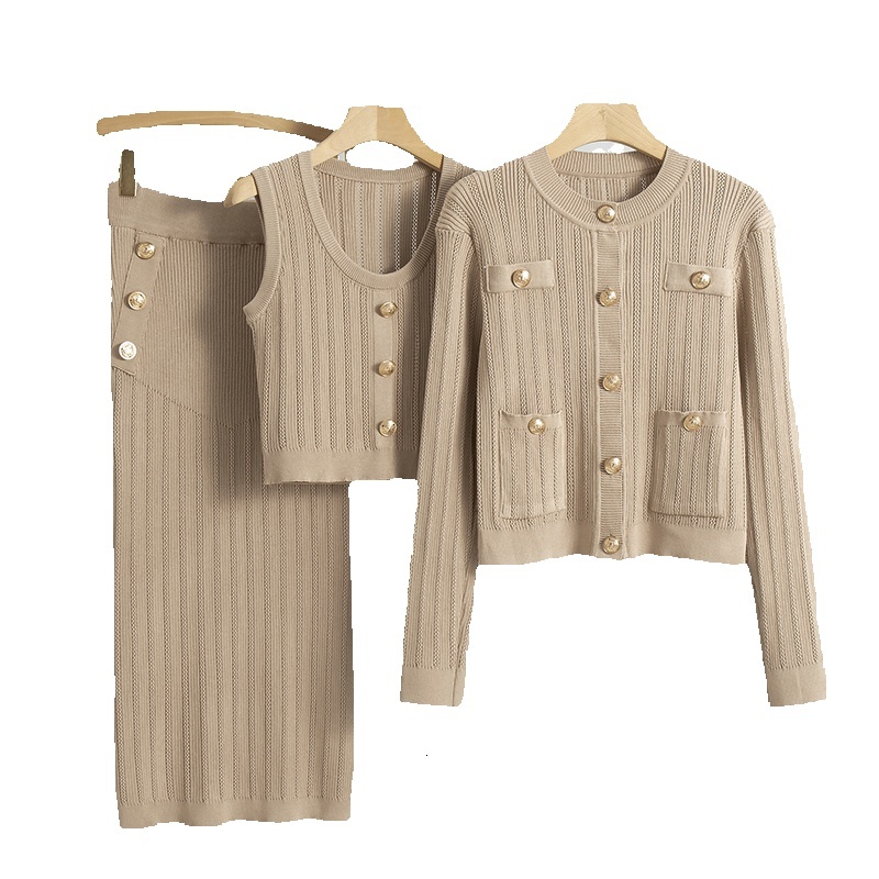 Korea Fashion Spring And Autumn Season Women's New Age Reducing Temperament Knitted Cardigan Midi Skirt 3 Piece Set