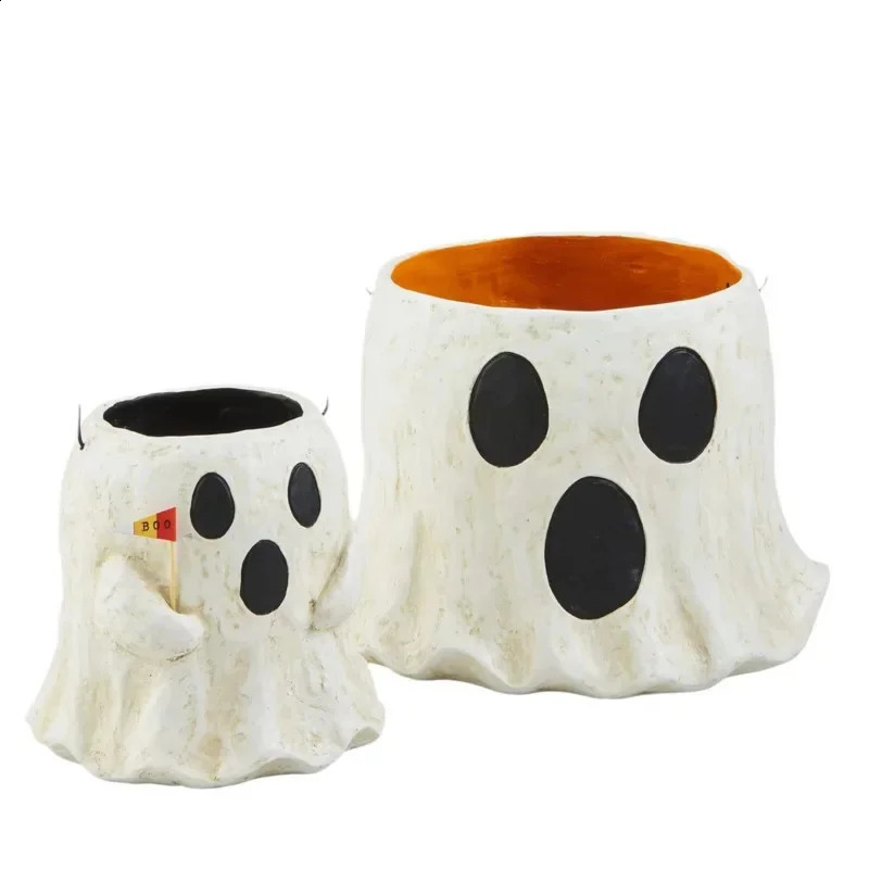Ghost Candy Bucket Halloween Mud Pie Paper Mache Treat Bucket Halloween Geometric Resin Doorway Courtyard Decoration Gift 240910