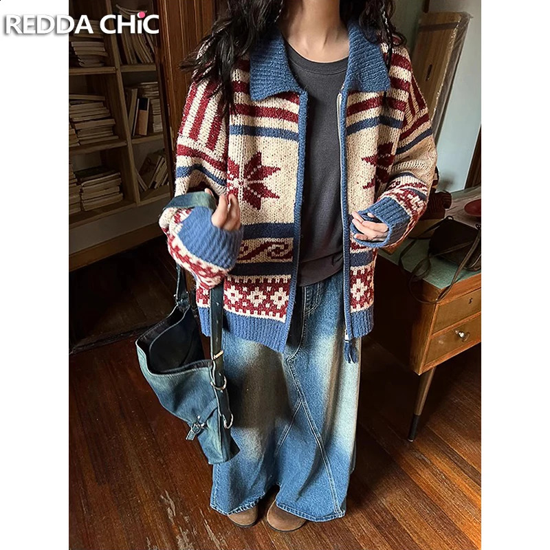 REDDACHiC Retro Fair Isle Cardigan Sweater Women Lapel Long Sleeves Zip Up Oversize Chunky Knit Jacket Coat Warm Winter Clothes 240914