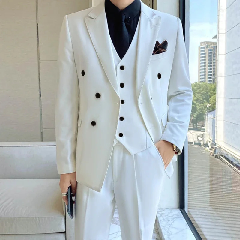 2024 Fashion Mens Boutique Business Slim Wedding Striped Double Breasted Suit Blazers Jacket Pants Trousers Vest 3 Pcs Set 240914