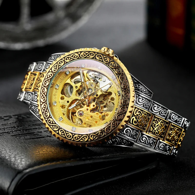 T-Winner Watch Men Fashion Vintage Carved Watches Gold Skeleton Automatic Mechanical Wristwatches Men Reloj Hombre 240906