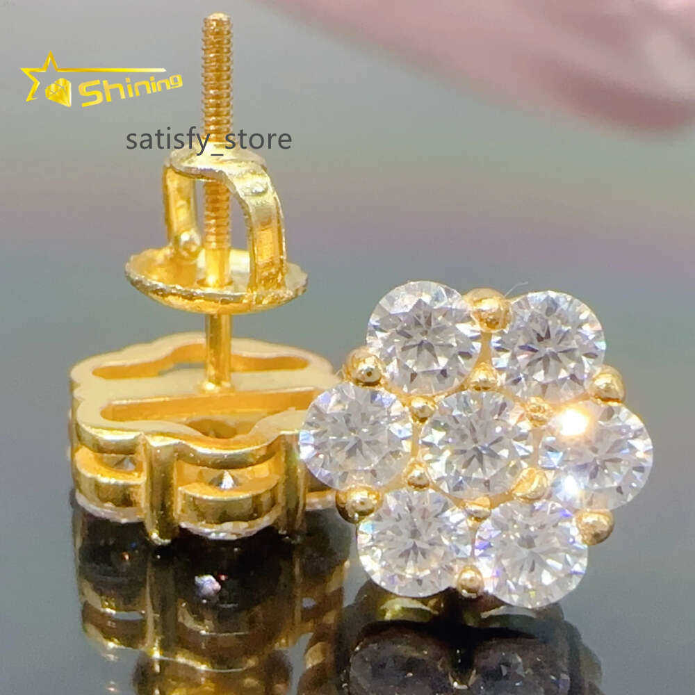 Iced Out Cluster Lab Diamond Screw Back 925 Silver Flower Vvs Moissanite Stud for Men