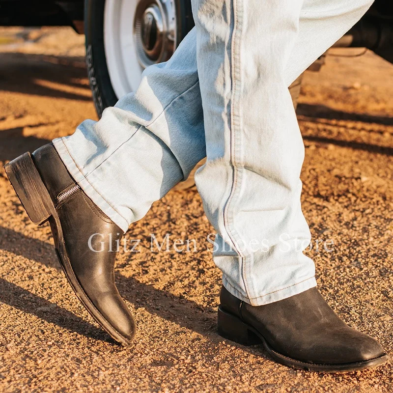 Black Western style mens boots classic leather lace zipper vintage handmade denim winter boots 240914