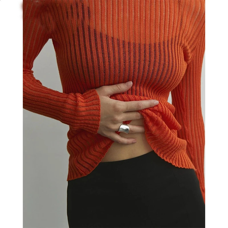 Fashion White Elegant Stripe See Through Womens Top Long Sleeve Tshirt Tight Club Party Clothing 240913