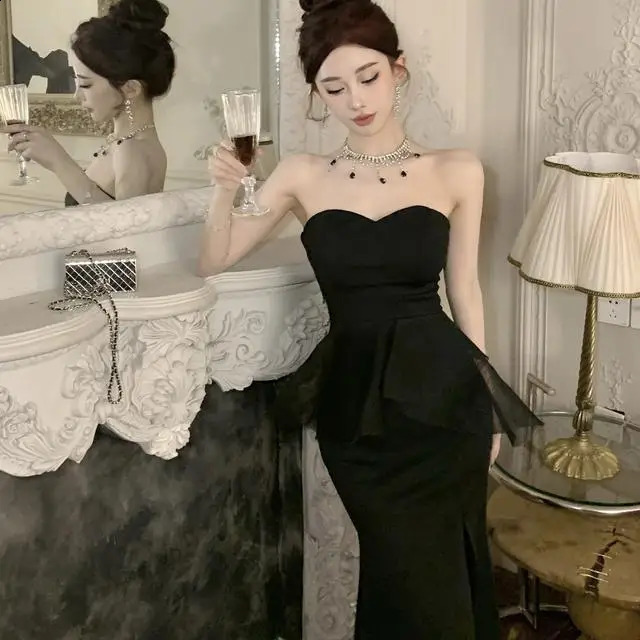 Strapless mesh splicing n with a slit style evening gown feel highend birthday party temperature dress 240913