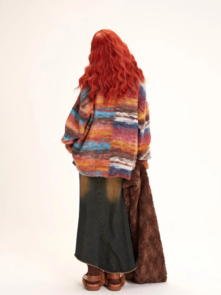 REDDACHiC Y2k Retro Color Block Striped Sweater Jacket Women Oversize V-neck Single-breasted Casual Knit Cardigan Winter Outwear 240906