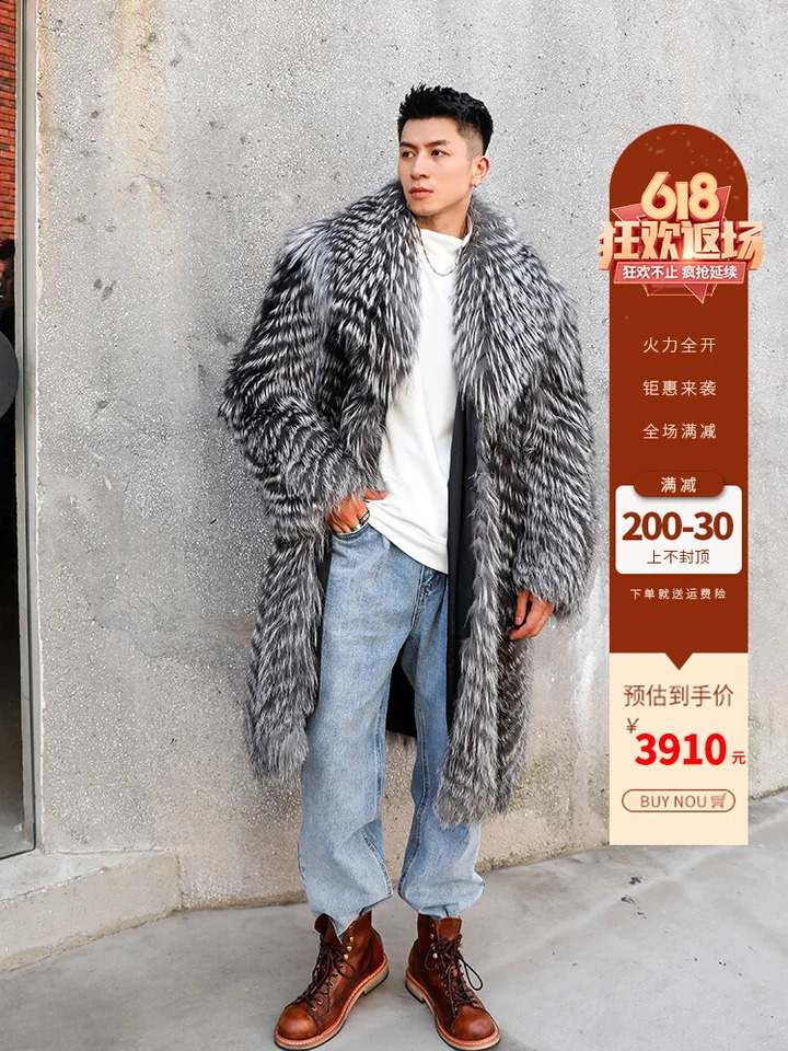 FURTJY Mens Fur Coats Real Fox Fur Coat Mens Coats Winter 2024 Mens Real Fox Fur Long Coat Styles Silver Fur Coat 240905