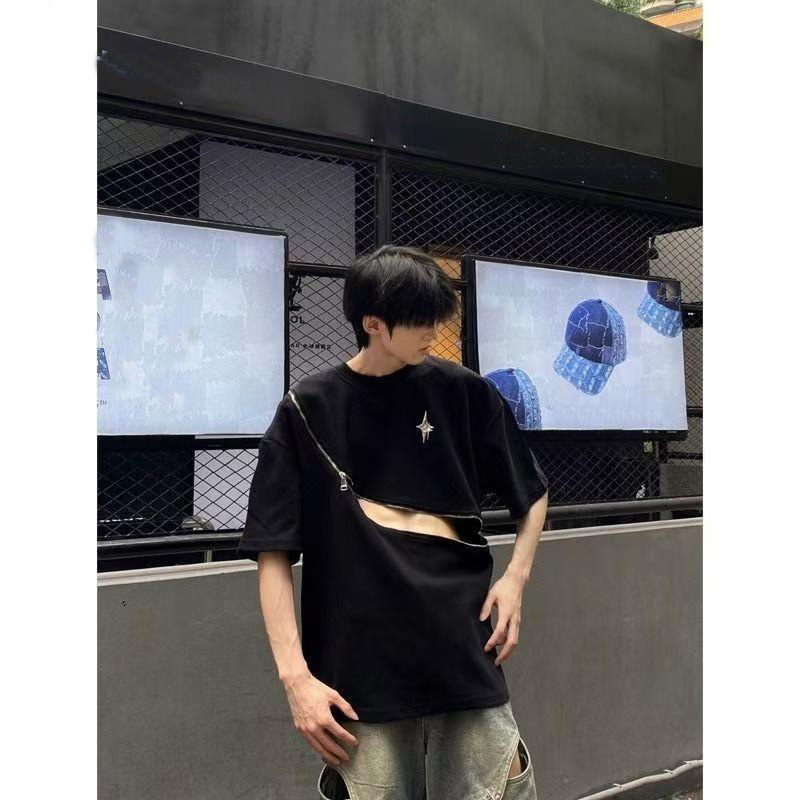 American high street dark niche design zipper designer T-shirt men's ins fashion brand handsome loose half-sleeve shirt