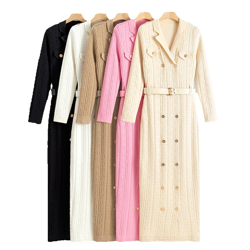 Women 2024 Spring Autumn Elegant Sleeve Knitted Sweater Office Dress Chic Lady Wrap Hips Bodycon Long Vestidos