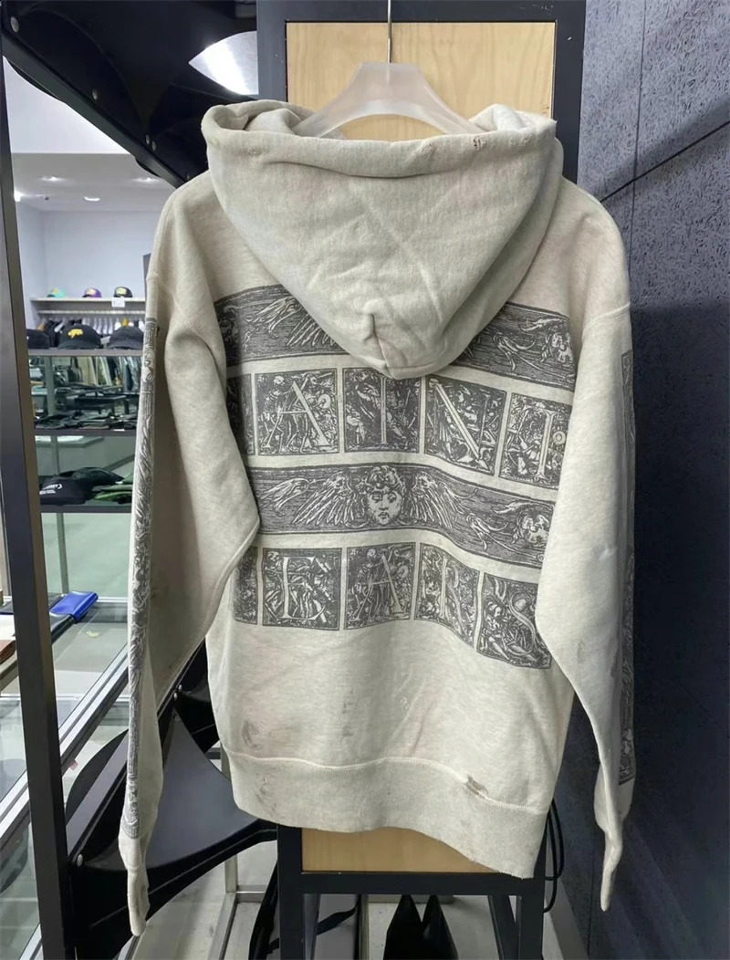 Vintage Washed Printed Pure Cotton Fleece Hoodie High Street Casual Loose Rock Hiphop Oversized Highquality Retro 240910