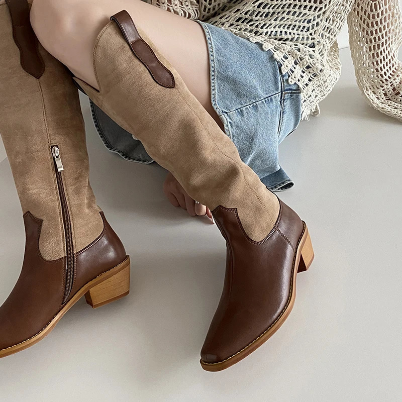 Fashionable short and chubby heel square sole western cowboy boots womens mixed color leather knight boots strapless high heels casual 240914