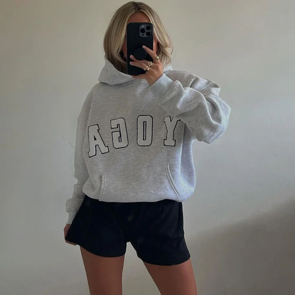 Fashion Casual Grey Embroidered Yoga Letter Solid Color Printed Loose Sports Hoodie Womens Shirt 240929