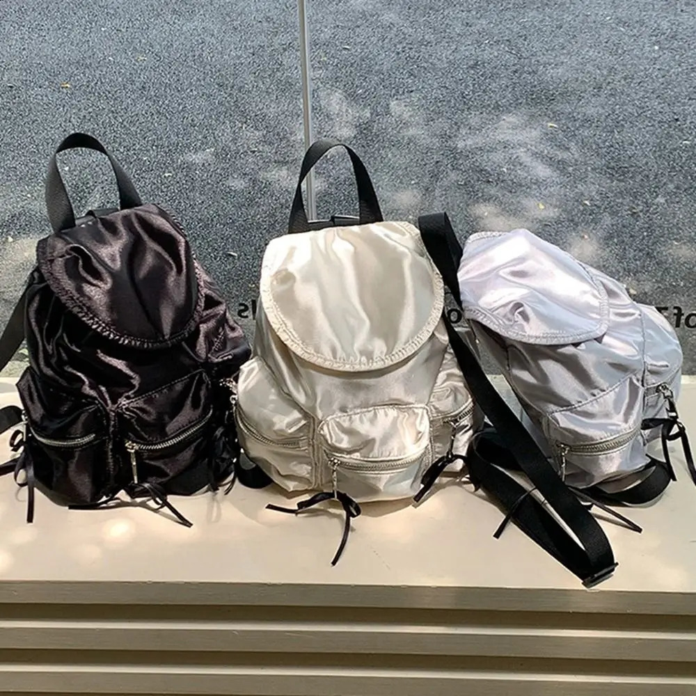 Korean drawstring backpack pre made pearl gloss nylon backpack large capacity silver ribbon bow shoulder bag travel 240912