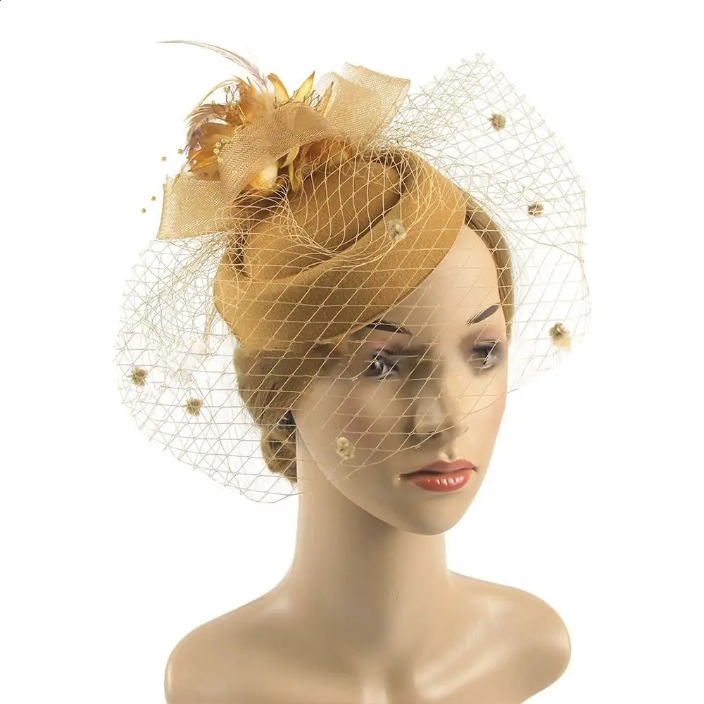 Half Face Cover Mesh Top Hat Feather Hair Accessories Bride Headwear Net Yarns Veil Headdress Caps 240906
