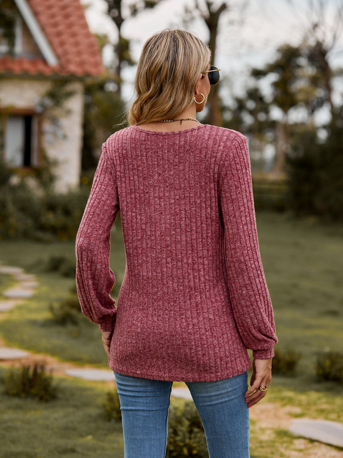 2024 new women's round neck pit stripe brushed solid color casual button splicing long sleeved T-shirt top sweater
