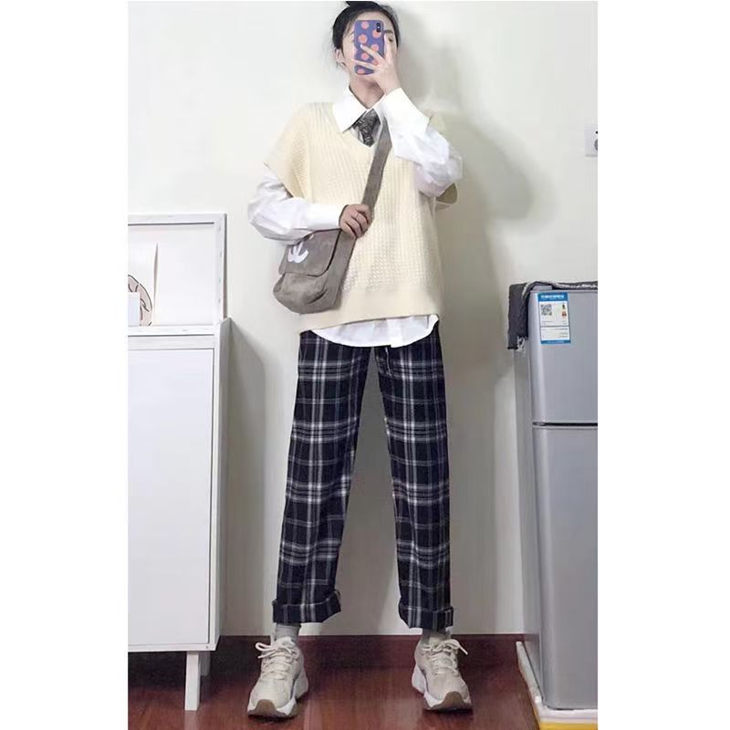 Black Plaid Pants Women's Summer Thin High Waist Wide Leg Casual Pants Loose Plaid Pants Straight Mopping Pants