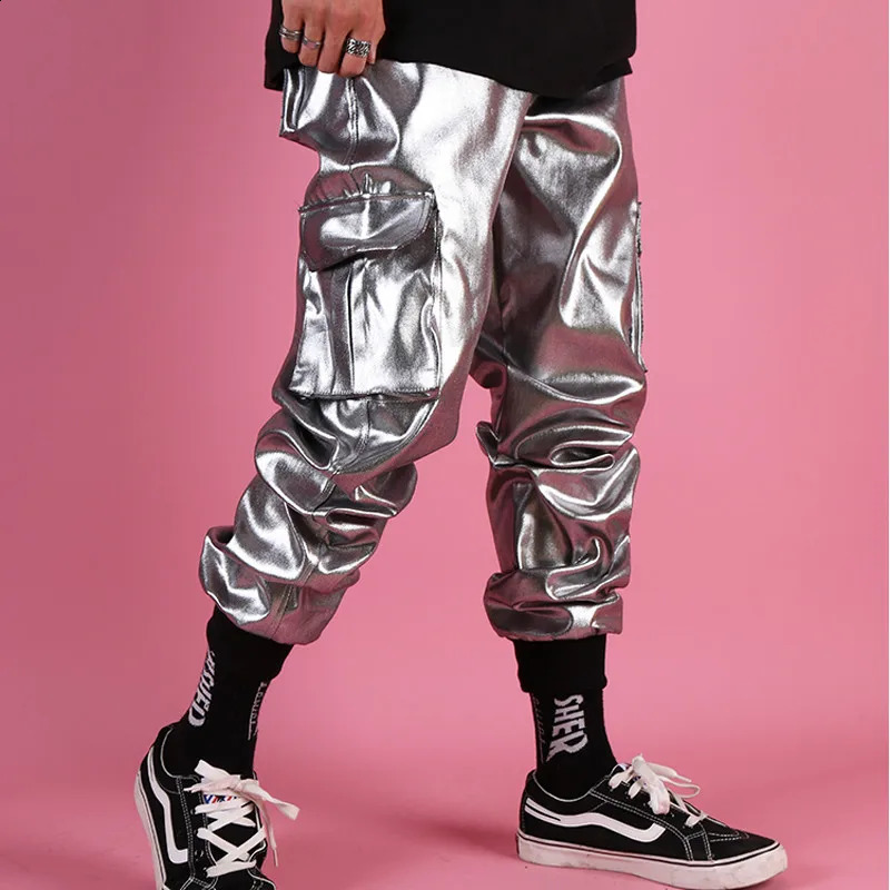 Mens streetwear hip-hop punk silver leather pants mens shiny metal pants personalized harem pants multi pocket cargo pants 240913