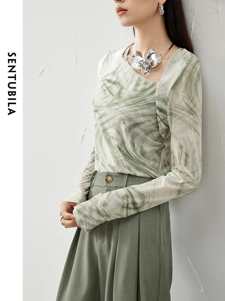 SENTUBILA Womens Soft Mesh Tshirt Fashion Tie Dye Asymmetric Skeleton Collar High Tension Pulling Long Sleeve Top 141T53407 240913