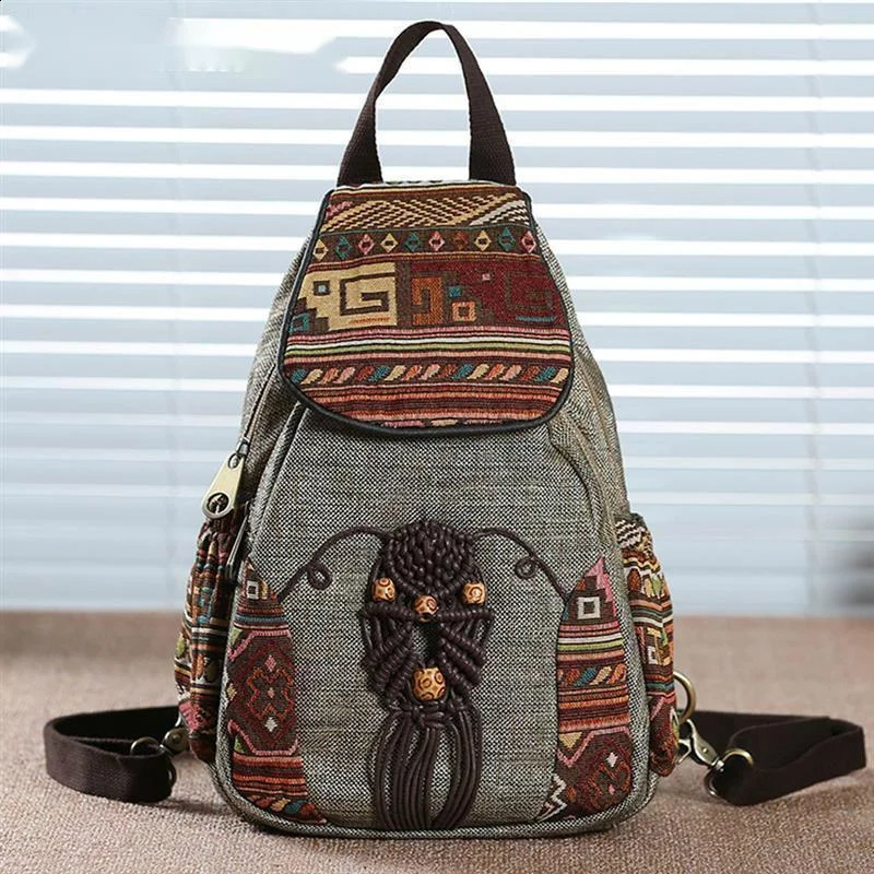 LUYO Handmade Backpack Womens Retro Canvas Backpack Ethnic Korean Style Geometric Printing Backpack Womens Travel Backpack 240912