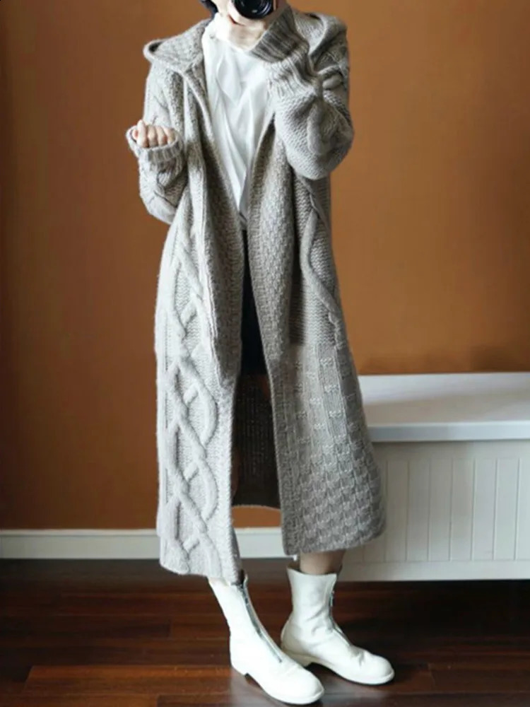 Womens Sweater Autumn Winter Knitted Long Open Woolen Sweater Korean Fashion Loose Large Full Sleeve Casual Hoodie Knitted 240914