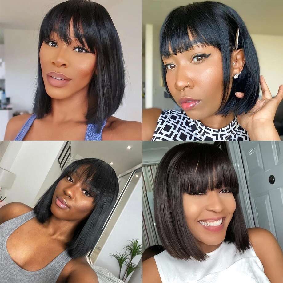 Straight With Bangs Full Hine Made Brazilian Remy Human Hair No Lace Bob Wigs For Woman